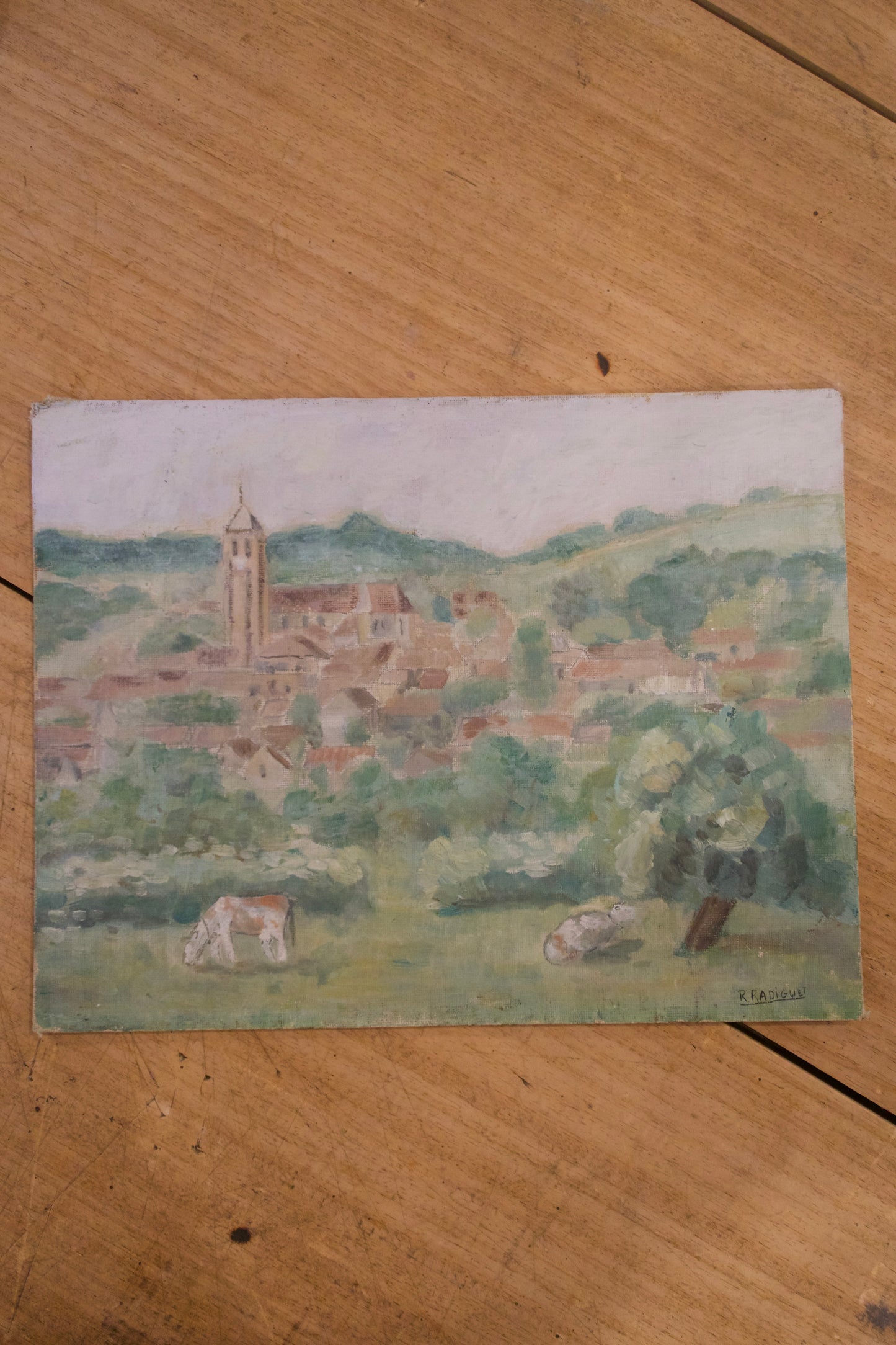 French Painting of Village Scene on Panel, 1930s