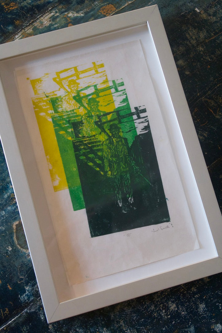 Vintage Abstract Woodcut Print, Custom Frame