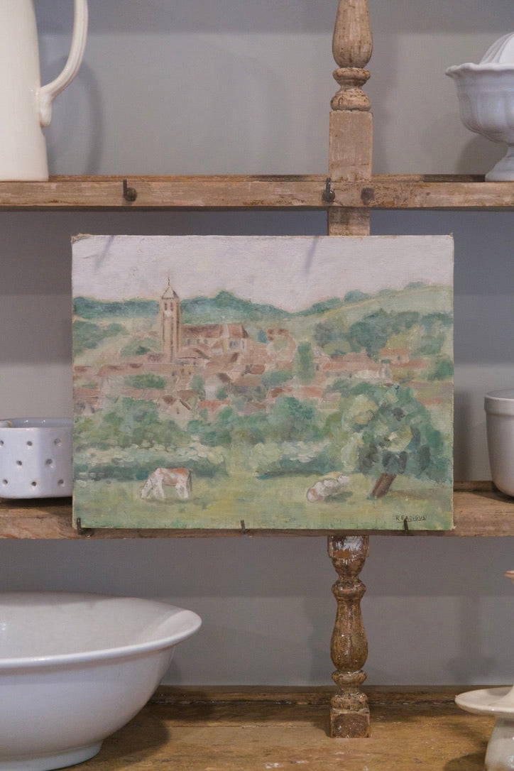 French Painting of Village Scene on Panel, 1930s