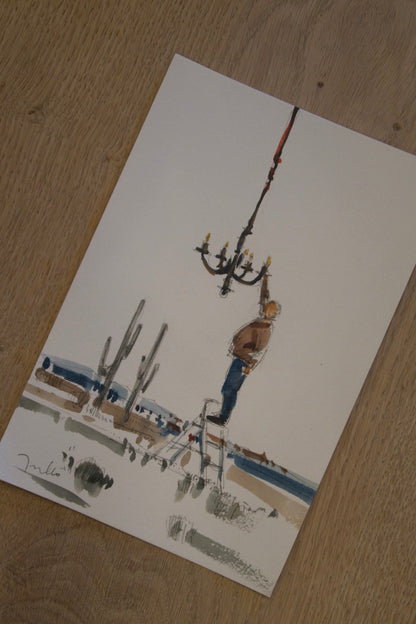 Contemporary Watercolor – Man with Chandelier by Jose Trujillo