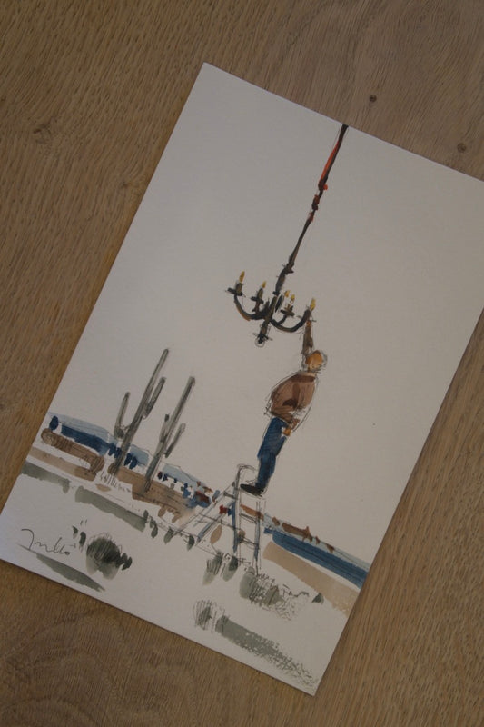 Contemporary Watercolor – Man with Chandelier by Jose Trujillo