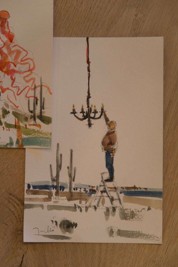 Contemporary Watercolor – Man with Chandelier by Jose Trujillo