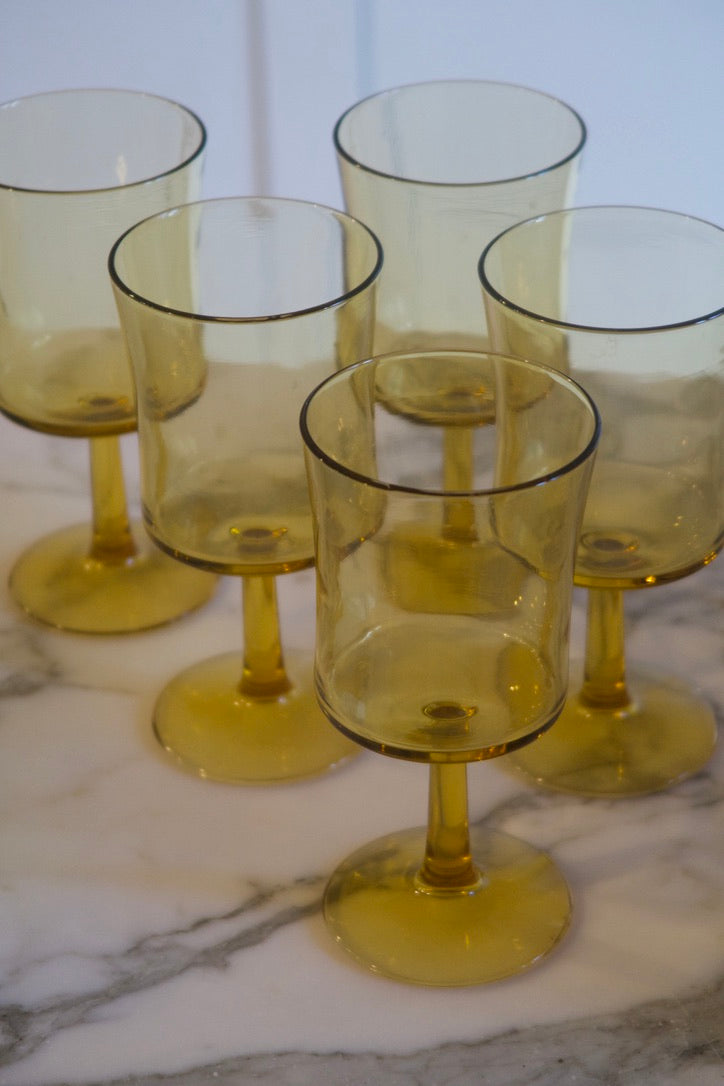 Set of Five Vintage Amber Wine Glasses