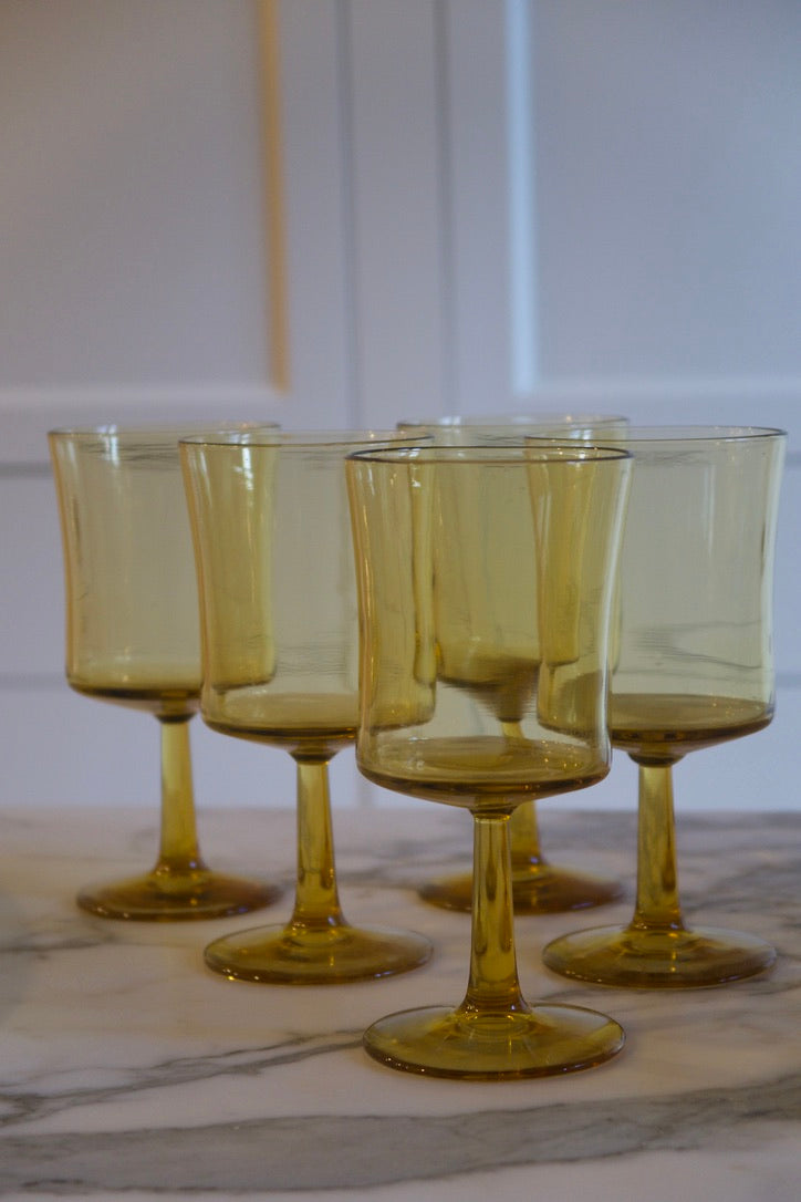 Set of Five Vintage Amber Wine Glasses