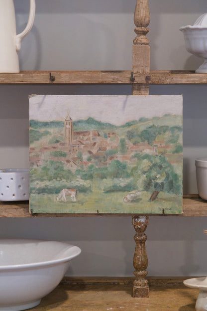 French Painting of Village Scene on Panel, 1930s