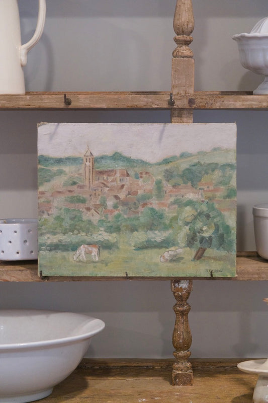French Painting of Village Scene on Panel, 1930s