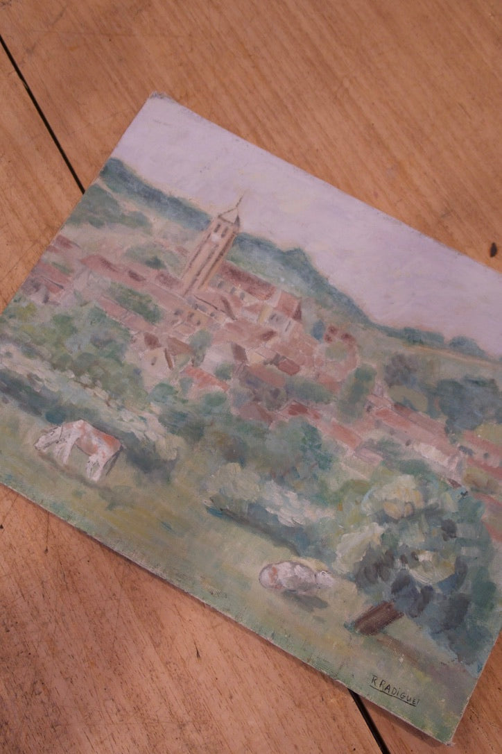 French Painting of Village Scene on Panel, 1930s