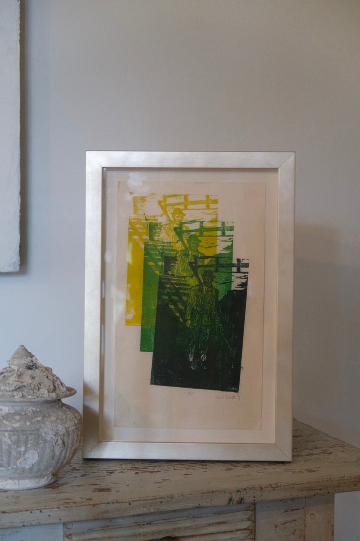 Vintage Abstract Woodcut Print, Custom Frame