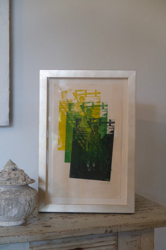 Vintage Abstract Woodcut Print, Custom Frame