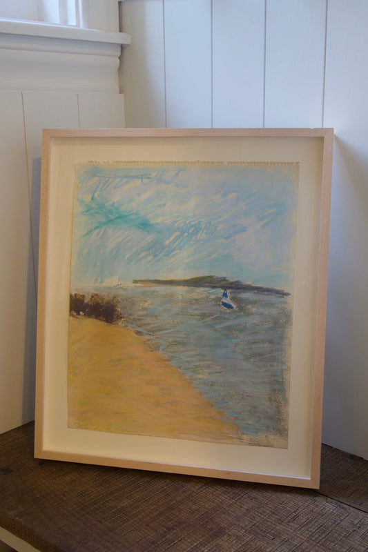 Framed Pastel Seascape with Sailboats, Custom Framed
